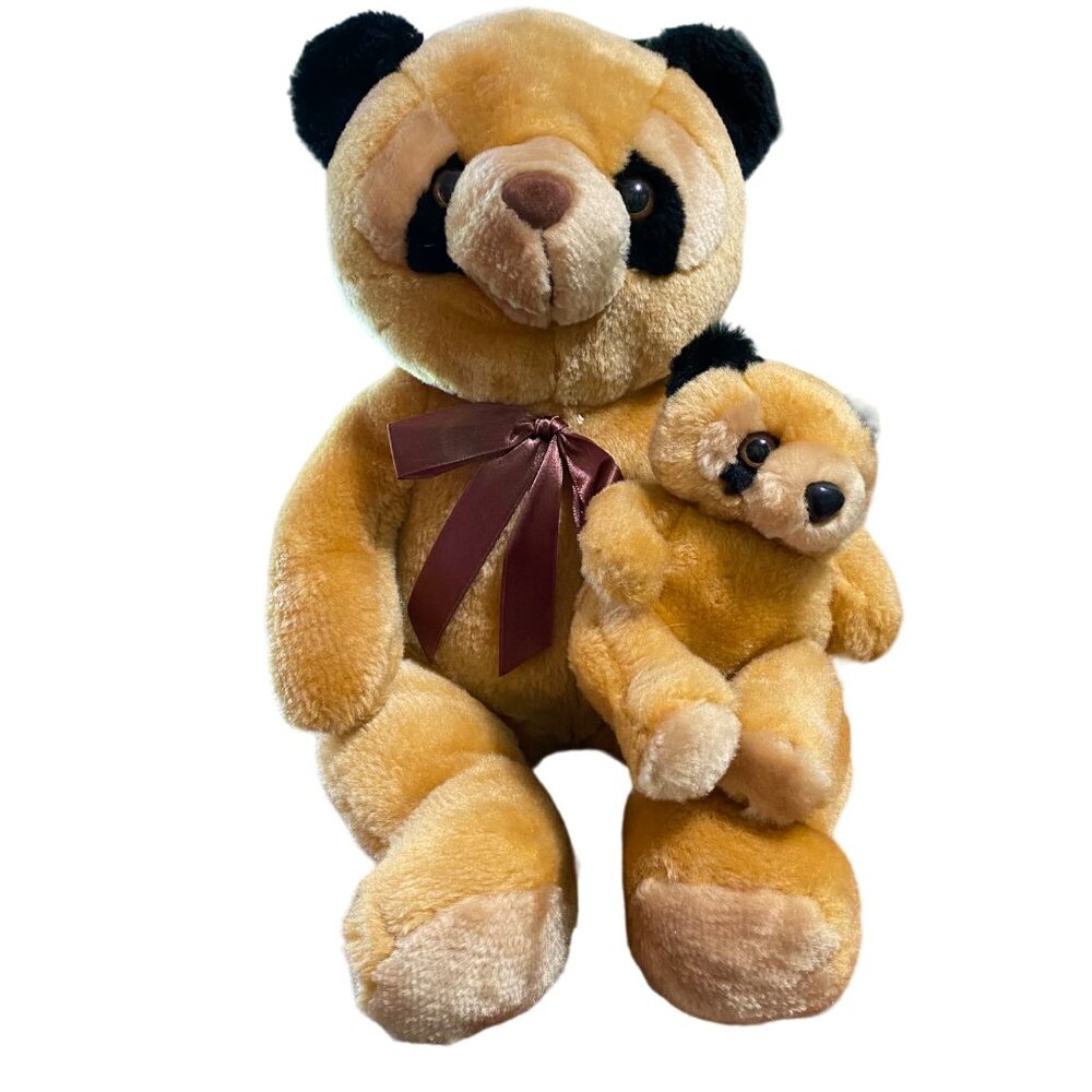 Vintage Raccoon Mama and Baby Plush 12" Sitting Brown Stuffed Animals
